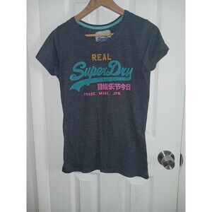 Real Superdry Womens T-shirt‎ Size L Heather Grey Pink Teal Letter Japan Vintage